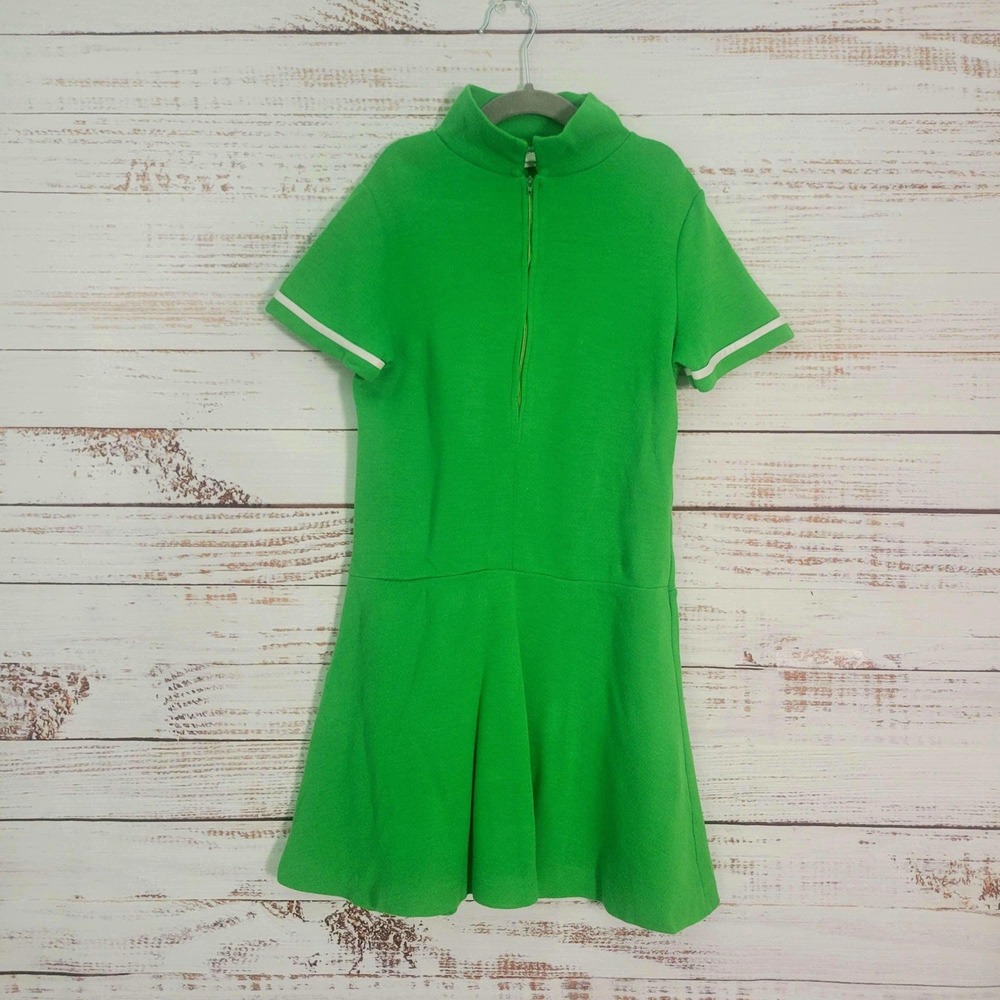 Vintage Girls Large Green Mod Knit Zip Front Drop Waist Dress 1960s Play Dress
